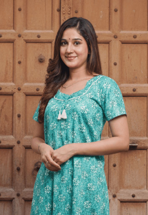 Elegant Aqua Blue Printed Cotton Nighty for Women - product media