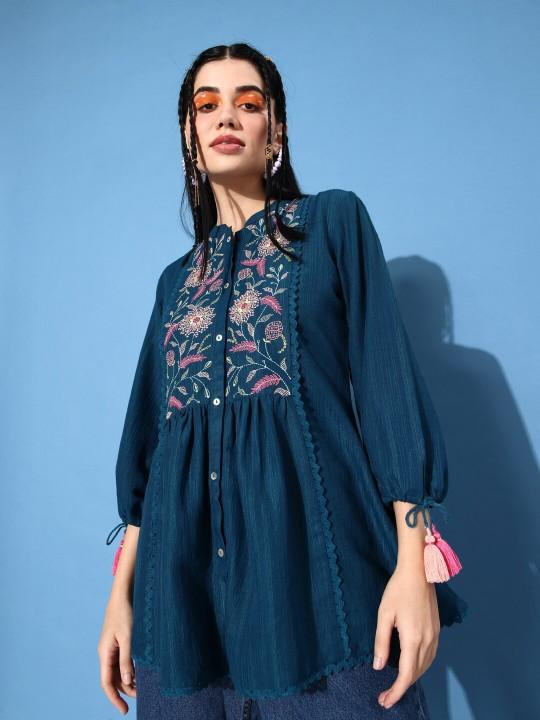 Blue & Pink Floral Embroidered Puff Sleeves A-Line Top - product media